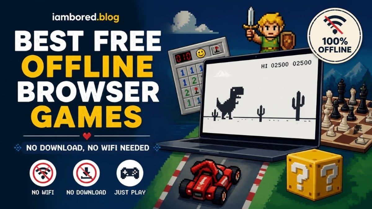 Pixel-style laptop showing an offline browser game with no WiFi and no download badges