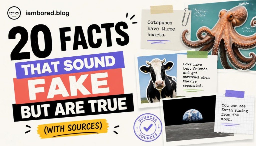 collage of surprising true facts including a unicorn, an octopus and the planet Venus