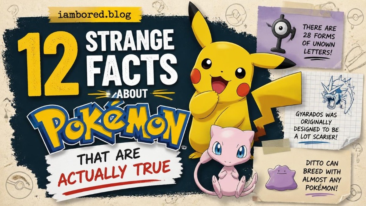 Illustrated cover for strange Pokemon facts, with Pikachu, Mew, and scrapbook notes about Unown, Gyarados, and Ditto