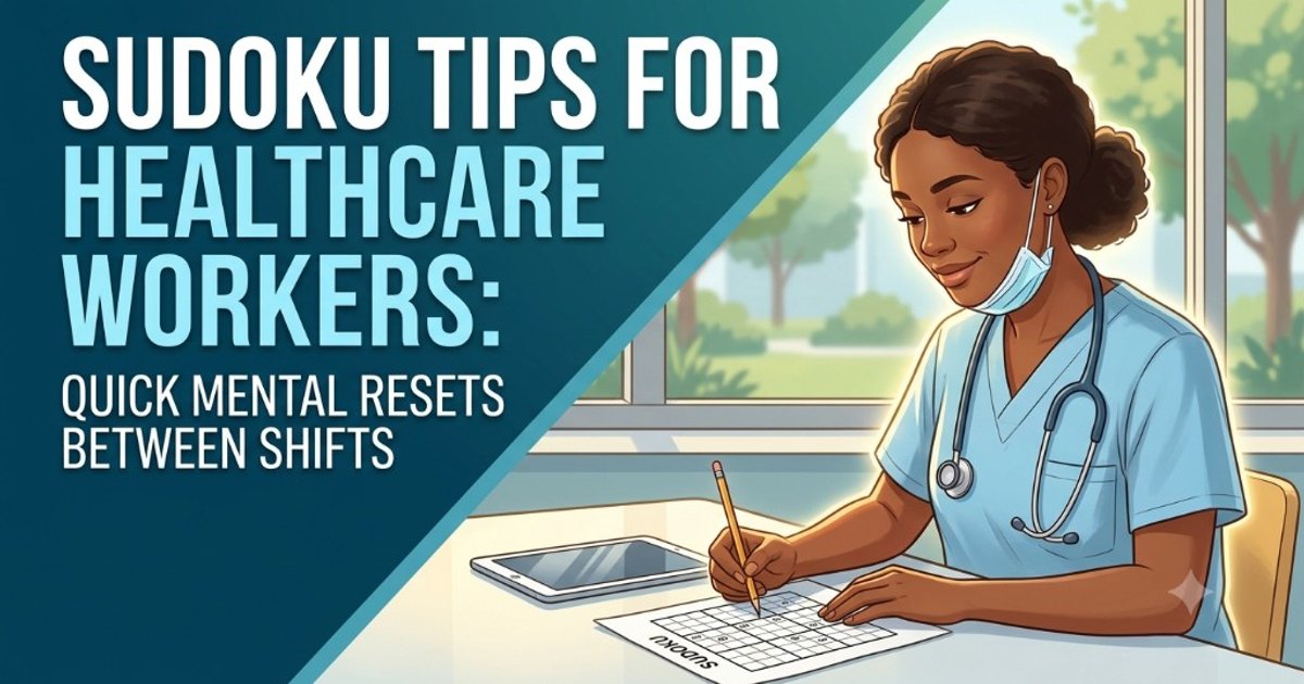 Healthcare worker in scrubs solving a Sudoku puzzle during a break, with the headline Sudoku tips for healthcare workers