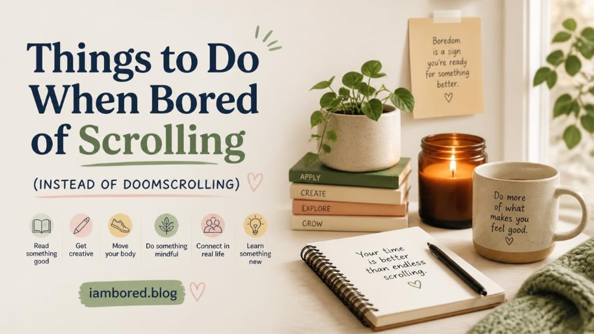 Cozy desk with notebook, candle, and books beside tips for what to do instead of doomscrolling