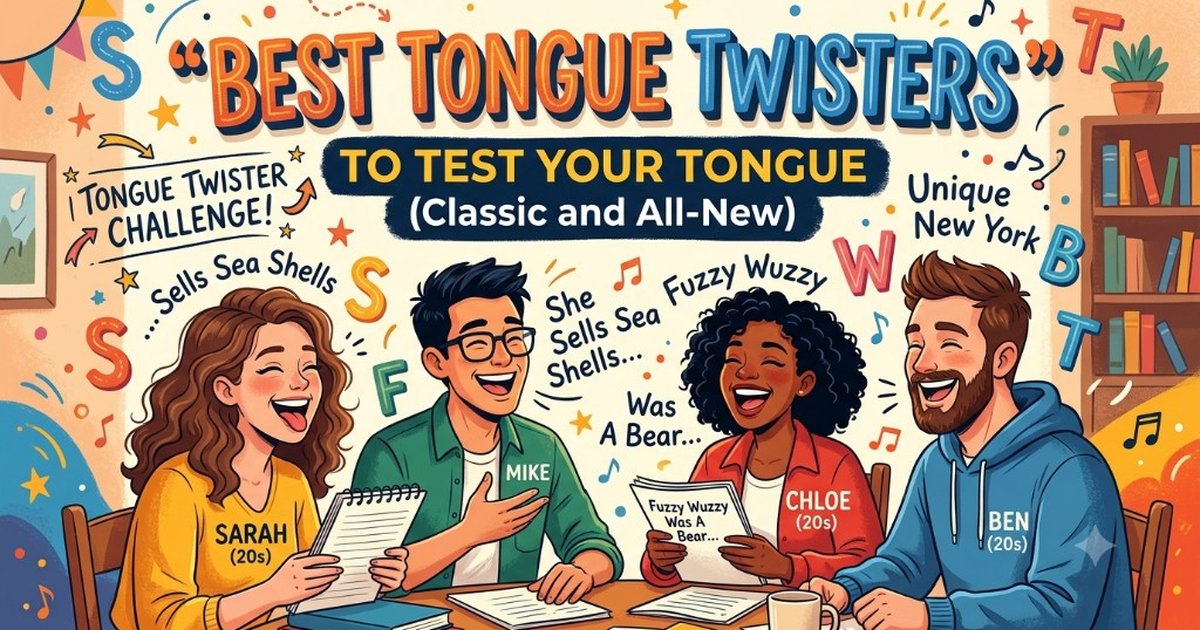 Four friends laughing around a table mid tongue-twister challenge, with floating phrases like Unique New York and Fuzzy Wuzzy around them