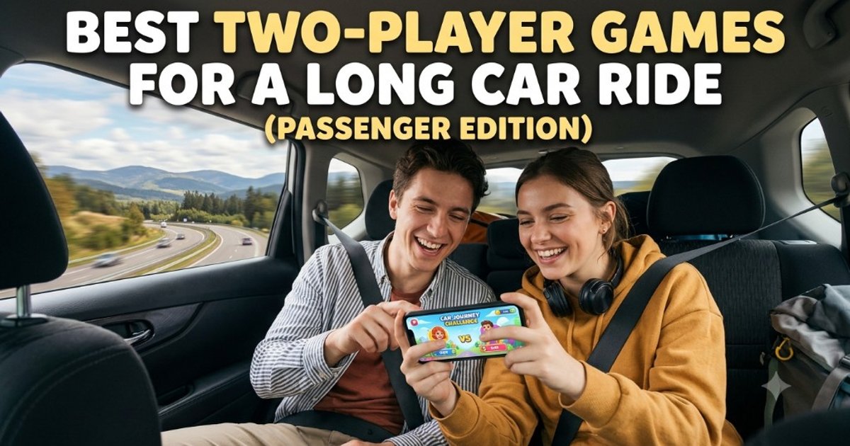 Two passengers in a car back seat laughing while playing a game together on a shared phone during a highway road trip