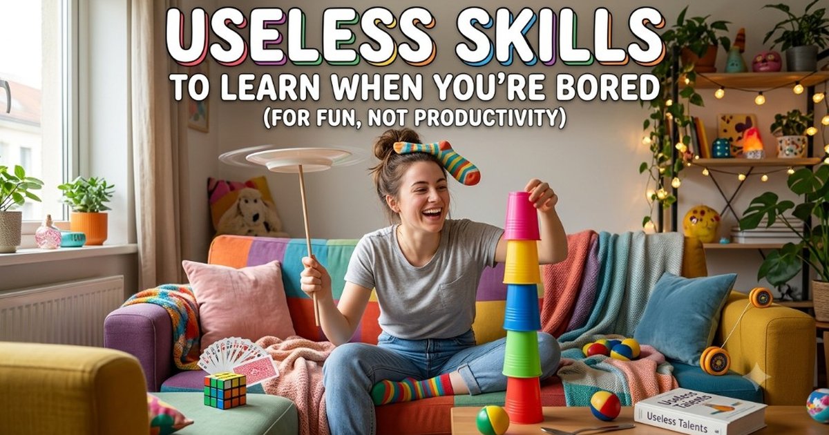 A woman laughing while balancing a sock on her head, spinning a plate on a stick, and stacking colorful cups in a bright living room