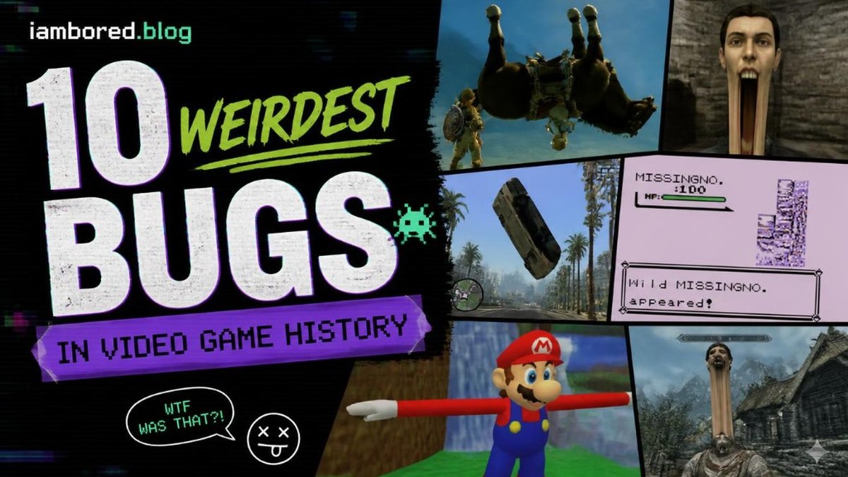 Collage of famous video game glitches for 10 weirdest bugs in video game history, including MissingNo, floating cars, and stretched character models