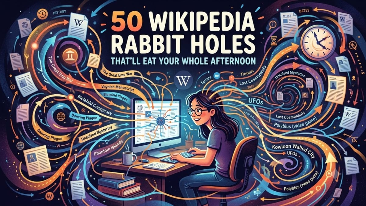 An open rabbit hole with tiny Wikipedia-style article icons falling into it